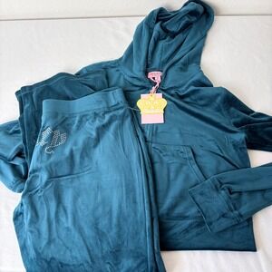 Juicy Couture Velour Tracksuit Set Teal Blue sea Rhinestone Logo Hoodie Pants L